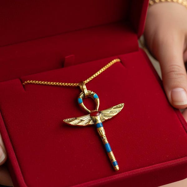 Gold Winged Ankh Pendant Necklace, Egyptian Key of Life Talisman