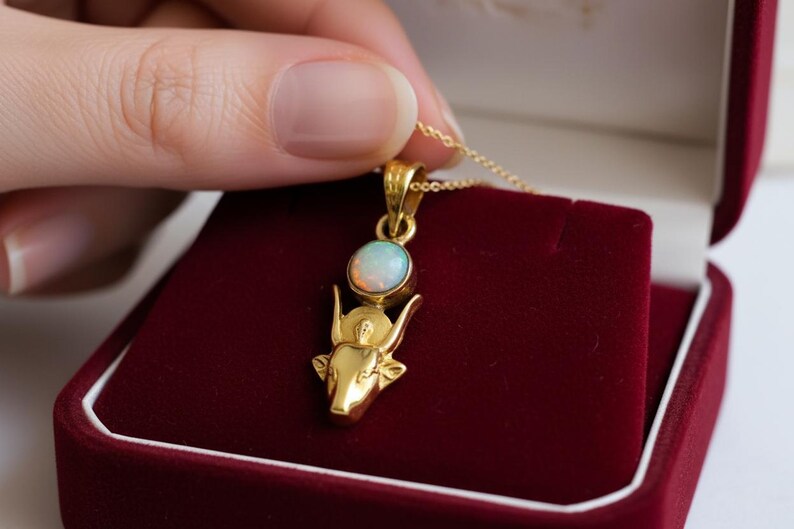 Gold Hathor Cow Head Pendant, Opal Egyptian Goddess Necklace, Ancient Revival Jewelry image 14