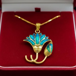 Gold Blue Opal Lotus Flower Pendant, Egyptian Necklace