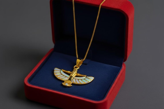 Gold Winged Isis Pendant, Green Red Opal Egyptian Goddess Necklace, Divine Amulet, Ancient Egypt Jewelry, Gift for Men and Women