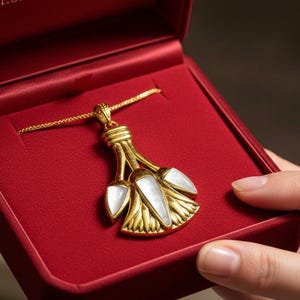 Gold Lotus Flower Necklace, Egyptian Mother of Pearl Pendant