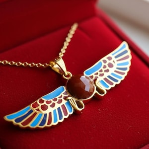Gold Winged Sun Disk Pendant, Egyptian Revival Agate Necklace
