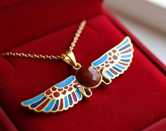 Handmade Winged Sun Disk Pendant, Egyptian Agate Amulet, Gold Talisman