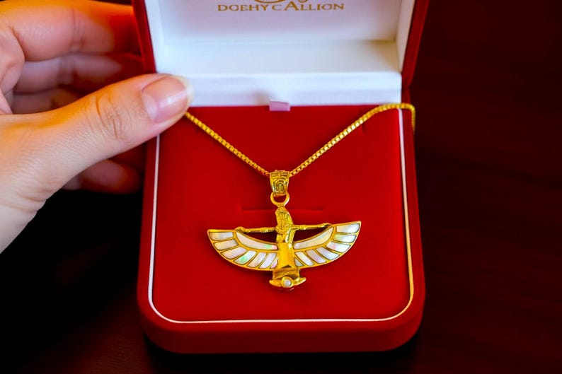 Gold Winged Isis Pendant, Green Red Opal Egyptian Goddess Necklace, Divine Amulet, Ancient Egypt Jewelry, Gift for Men and Women image 15