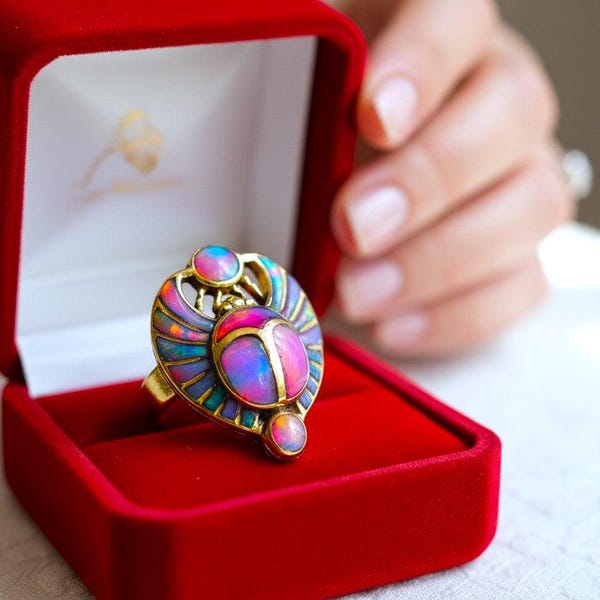 Opal Pinky Gold Scarab Ring, Egyptian Talisman, Adjustable Ring