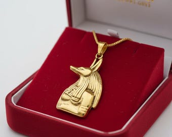 Gold Anubis Pendant, Egyptian God Amulet, Solid Brass Revival Jewelry, Guardian Talisman