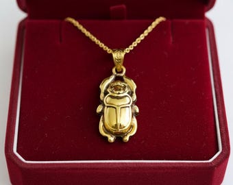 Gold Scarab Beetle Pendant Necklace, Egyptian Revival Talisman