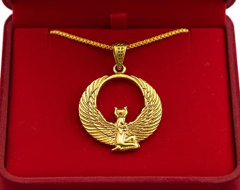 Gold Winged Hathor Pendant Ancient Egyptian Goddess Necklace Sacred Amulet Spiritual Jewelry Gift