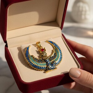 Collar grande con la imagen de Isis alada, colgante de oro con turquesa y ágata roja de la diosa egipcia, amuleto de protección sagrada. imagen 13