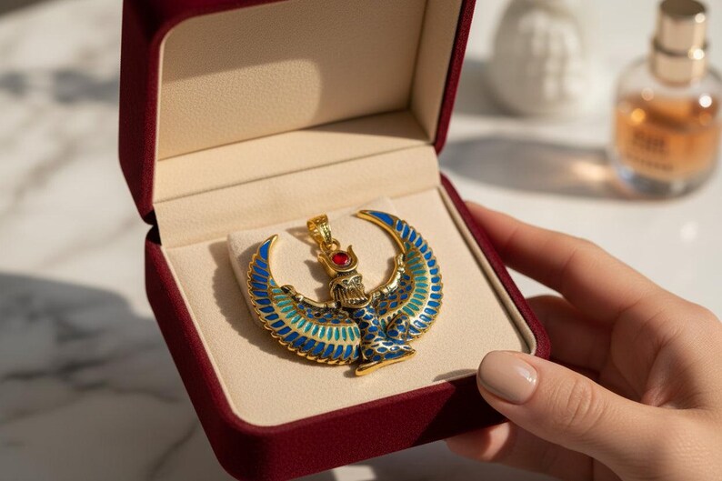 Collar grande con la imagen de Isis alada, colgante de oro con turquesa y ágata roja de la diosa egipcia, amuleto de protección sagrada. imagen 13