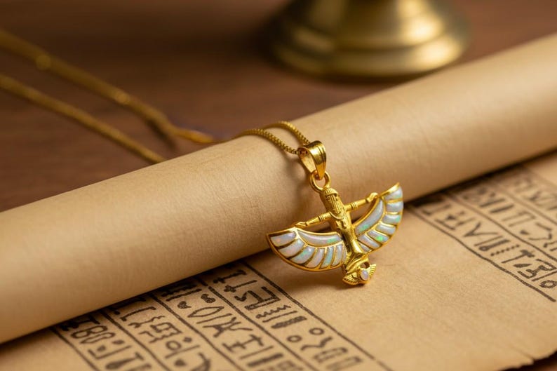 May include: Gold-toned pendant necklace featuring an Egyptian-inspired design. The pendant depicts a figure with outstretched wings, accented with white and iridescent details. The necklace rests on a scroll with hieroglyphic text.