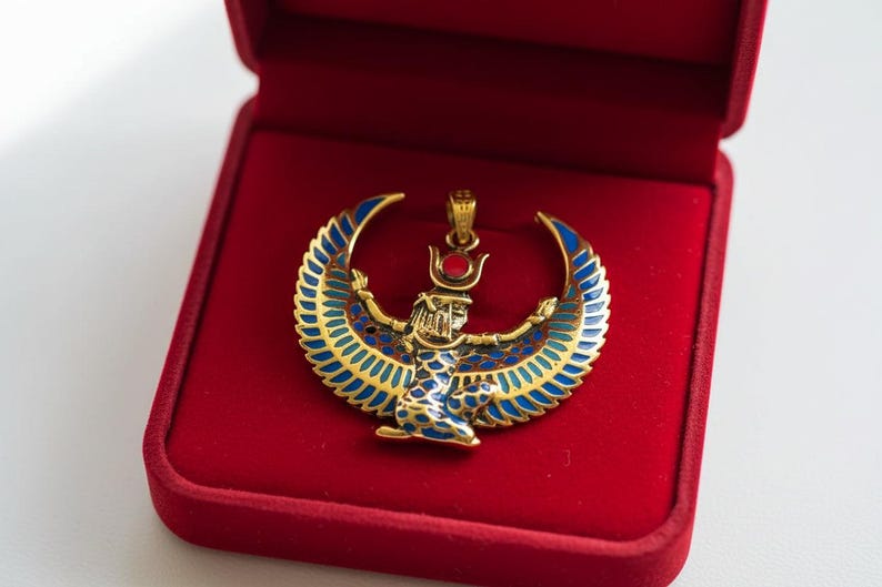 Collar grande con la imagen de Isis alada, colgante de oro con turquesa y ágata roja de la diosa egipcia, amuleto de protección sagrada. imagen 11
