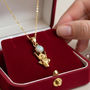 Gold Hathor Cow Head Pendant, Opal Egyptian Goddess Necklace, Ancient Revival Jewelry image 1