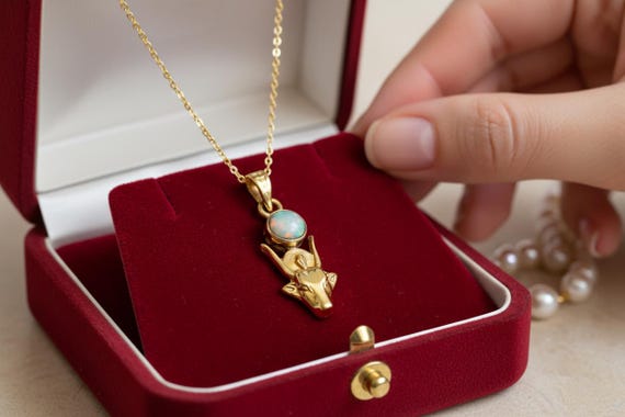 Gold Hathor Cow Head Pendant, Opal Egyptian Goddess Necklace, Ancient Revival Jewelry