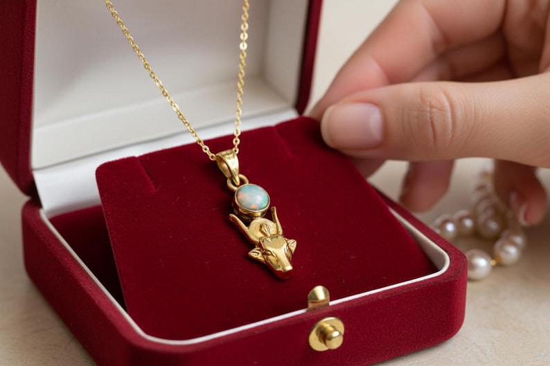 Gold Hathor Cow Head Pendant, Opal Egyptian Goddess Necklace, Ancient Revival Jewelry image 1