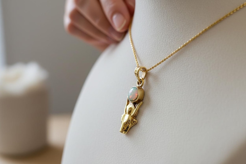 Gold Hathor Cow Head Pendant, Opal Egyptian Goddess Necklace, Ancient Revival Jewelry image 11
