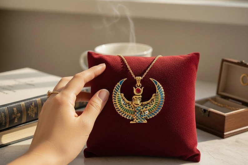 Collar grande con la imagen de Isis alada, colgante de oro con turquesa y ágata roja de la diosa egipcia, amuleto de protección sagrada. imagen 9