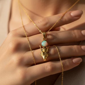 Gold Hathor Cow Head Pendant, Opal Egyptian Goddess Necklace, Ancient Revival Jewelry image 4