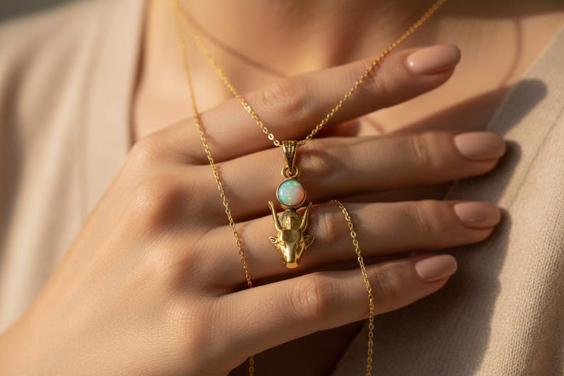 Gold Hathor Cow Head Pendant, Opal Egyptian Goddess Necklace, Ancient Revival Jewelry image 4