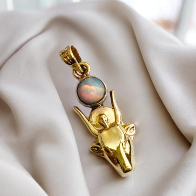 Gold Hathor Cow Head Pendant, Opal Egyptian Goddess Necklace, Ancient Revival Jewelry image 5