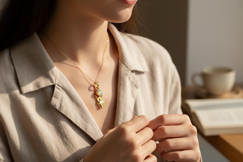 Gold Hathor Cow Head Pendant, Opal Egyptian Goddess Necklace, Ancient Revival Jewelry image 8