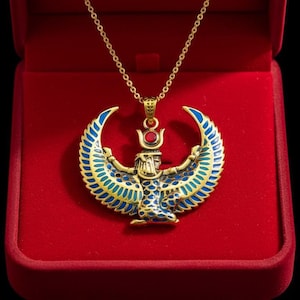 Collar grande con la imagen de Isis alada, colgante de oro con turquesa y ágata roja de la diosa egipcia, amuleto de protección sagrada. imagen 1