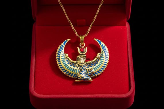 Large Winged Isis Necklace, Turquoise & Red Agate Gold Egyptian Goddess Pendant, Sacred Protection Amulet