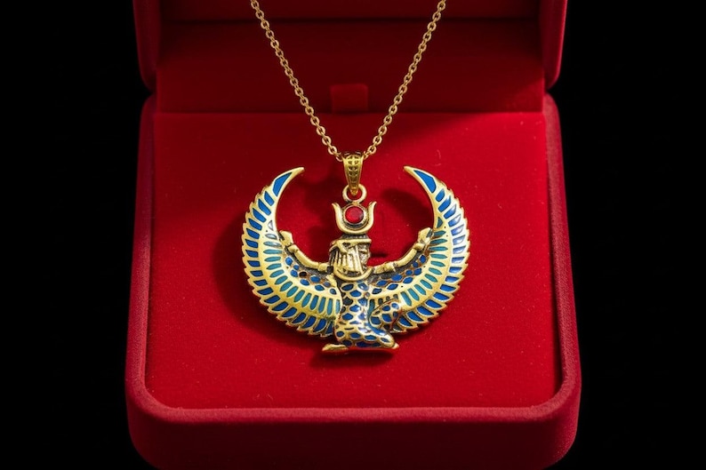 Collar grande con la imagen de Isis alada, colgante de oro con turquesa y ágata roja de la diosa egipcia, amuleto de protección sagrada. imagen 1