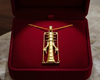 Gold Djed Pillar Pendant Necklace, Egyptian Revival Talisman