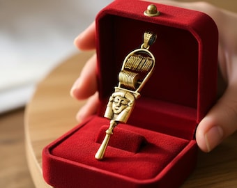 Gold Hathor Sistrum Pendant, Egyptian Revival Amulet Necklace