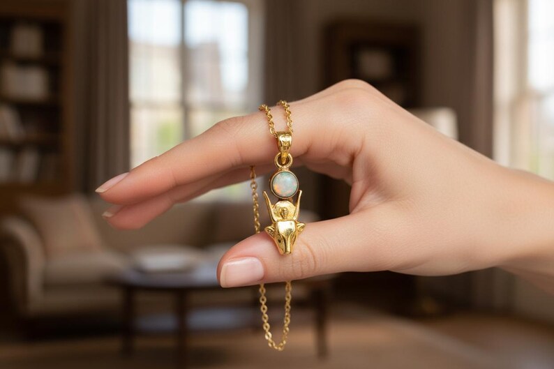 Gold Hathor Cow Head Pendant, Opal Egyptian Goddess Necklace, Ancient Revival Jewelry image 13