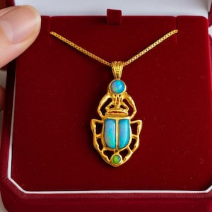 Gold Winged Scarab Pendant, Blue Opal Egyptian Beetle Necklace, Ancient Protection Amulet, Khepri Jewelry