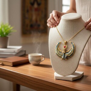Collar grande con la imagen de Isis alada, colgante de oro con turquesa y ágata roja de la diosa egipcia, amuleto de protección sagrada. imagen 14