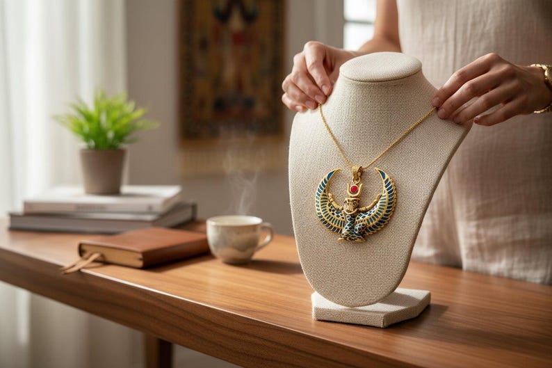 Collar grande con la imagen de Isis alada, colgante de oro con turquesa y ágata roja de la diosa egipcia, amuleto de protección sagrada. imagen 14