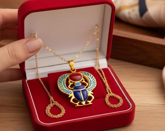 Gold Egyptian Scarab Lapis Lazuli Pendant, Winged Amulet Necklace