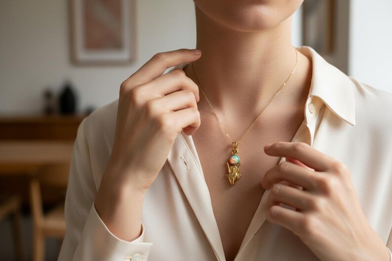 Gold Hathor Cow Head Pendant, Opal Egyptian Goddess Necklace, Ancient Revival Jewelry image 9
