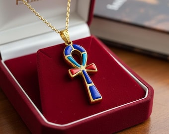 Gold Key Of Life Ankh Pendant Necklace, Lapis Lazuli, Turquoise & Coral Egyptian Jewelry