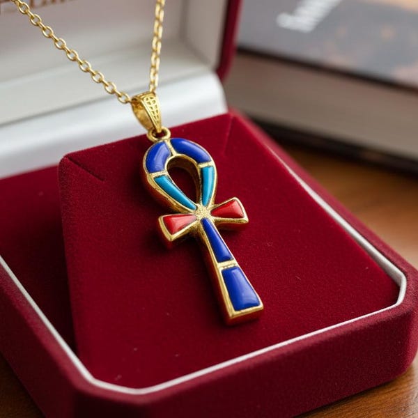 Gold Key Of Life Ankh Pendant Necklace, Lapis Lazuli, Turquoise & Coral Egyptian Jewelry
