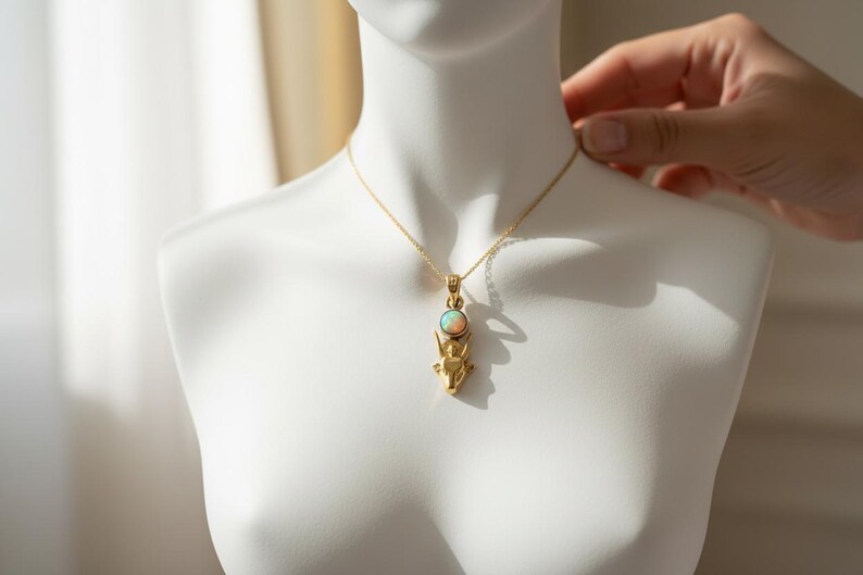 Gold Hathor Cow Head Pendant, Opal Egyptian Goddess Necklace, Ancient Revival Jewelry image 12