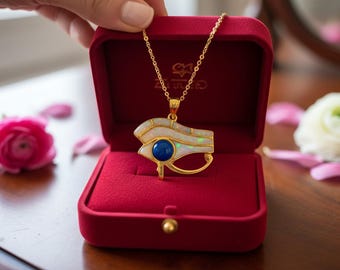 Gold Eye of Horus Opal Pendant, Handmade Egyptian Protection Necklace