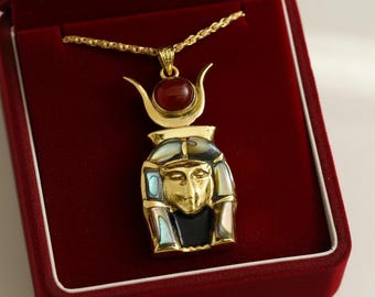 Gold Hathor Goddess Pendant, Abalone & Agate Egyptian Necklace, Ancient Revival Jewelry