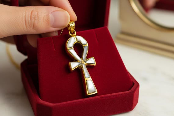 Gold Ankh Necklace, Mother of Pearl Egyptian Key of Life Pendant