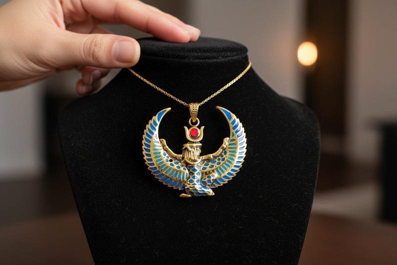 Collar grande con la imagen de Isis alada, colgante de oro con turquesa y ágata roja de la diosa egipcia, amuleto de protección sagrada. imagen 15