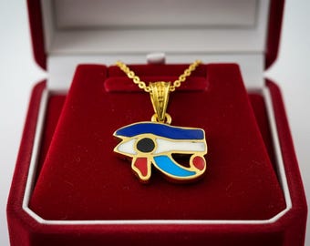 Gold Enamel Eye of Horus Pendant, Egyptian Protection Amulet, Sacred Symbol Jewelry