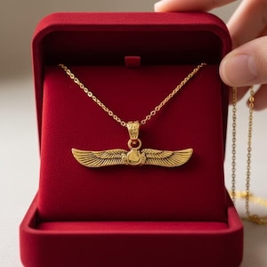 Gold Winged Sun Disk Pendant, Egyptian Revival Talisman Necklace