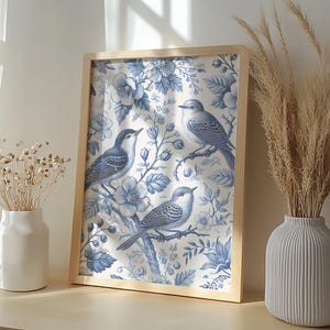 Blue Chinoiserie Bird Wall Art – Elegant Vintage Asian-Inspired Digital Print for Canvas or Gallery Wall Decor