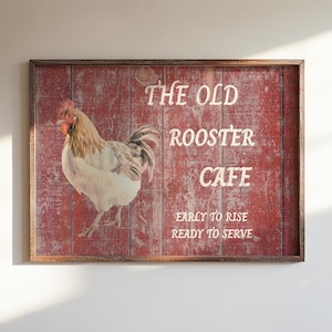Impressão digital do Rooster Cafe - Arte de parede rústica de fazenda vermelha - Placa "Acorde cedo, pronto para servir"