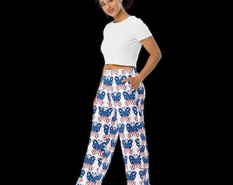 Unisex All Over Wide Leg Pants with USA Butterfly Print | Wide Leg Printed Pants | Casual Streetwear | Original Gift