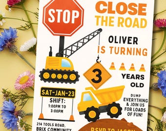 Construction Birthday Invitation, Editable Dump Truck Invitation Card, Crane Party, Digital Invite, Canva Template.