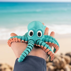 Könnte beinhalten: Ein türkisfarbenes, bewegliches Oktopus-Spielzeug mit großen schwarzen und weißen Augen und rosa Saugnäpfen an seinen Tentakeln. Das Spielzeug wird in einer Hand gehalten, mit einem verschwommenen Strand- und Ozeanhintergrund.